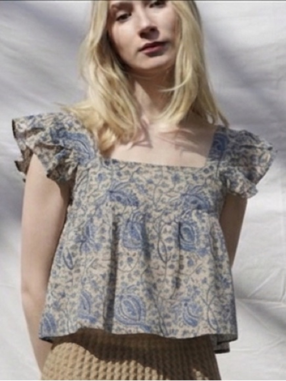 MATTA Blue Floral Boho Square Neckline Ruffle Sleeve Top Sz M MSRP $175